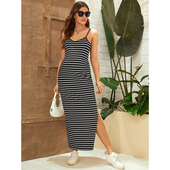Maternity Striped Slit Hem Cami maxi Dress black white preppy - Picture 1 of 5